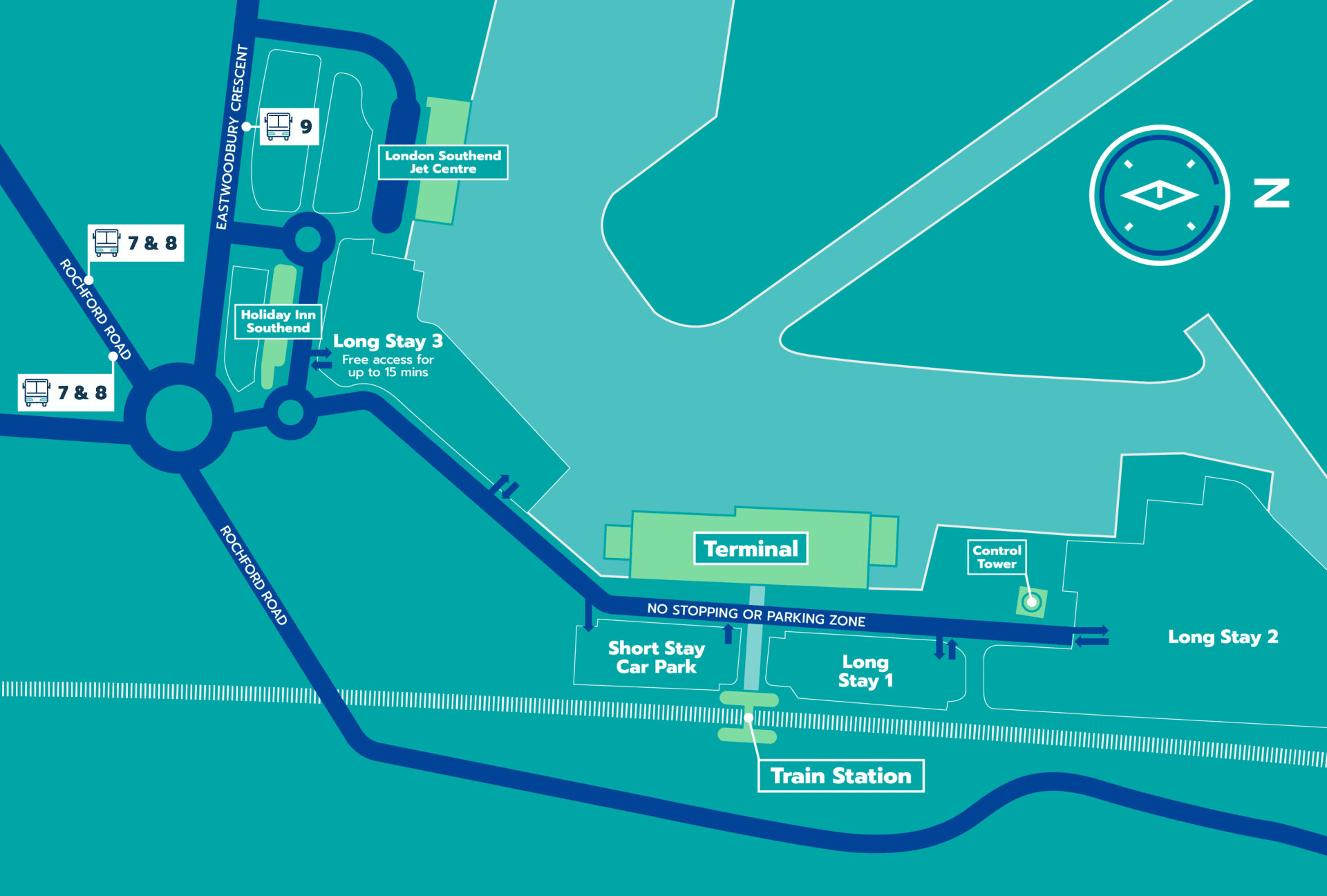 Map of all travel options to get to and from London Southend Airport, including bus stops, car parking and train station. 