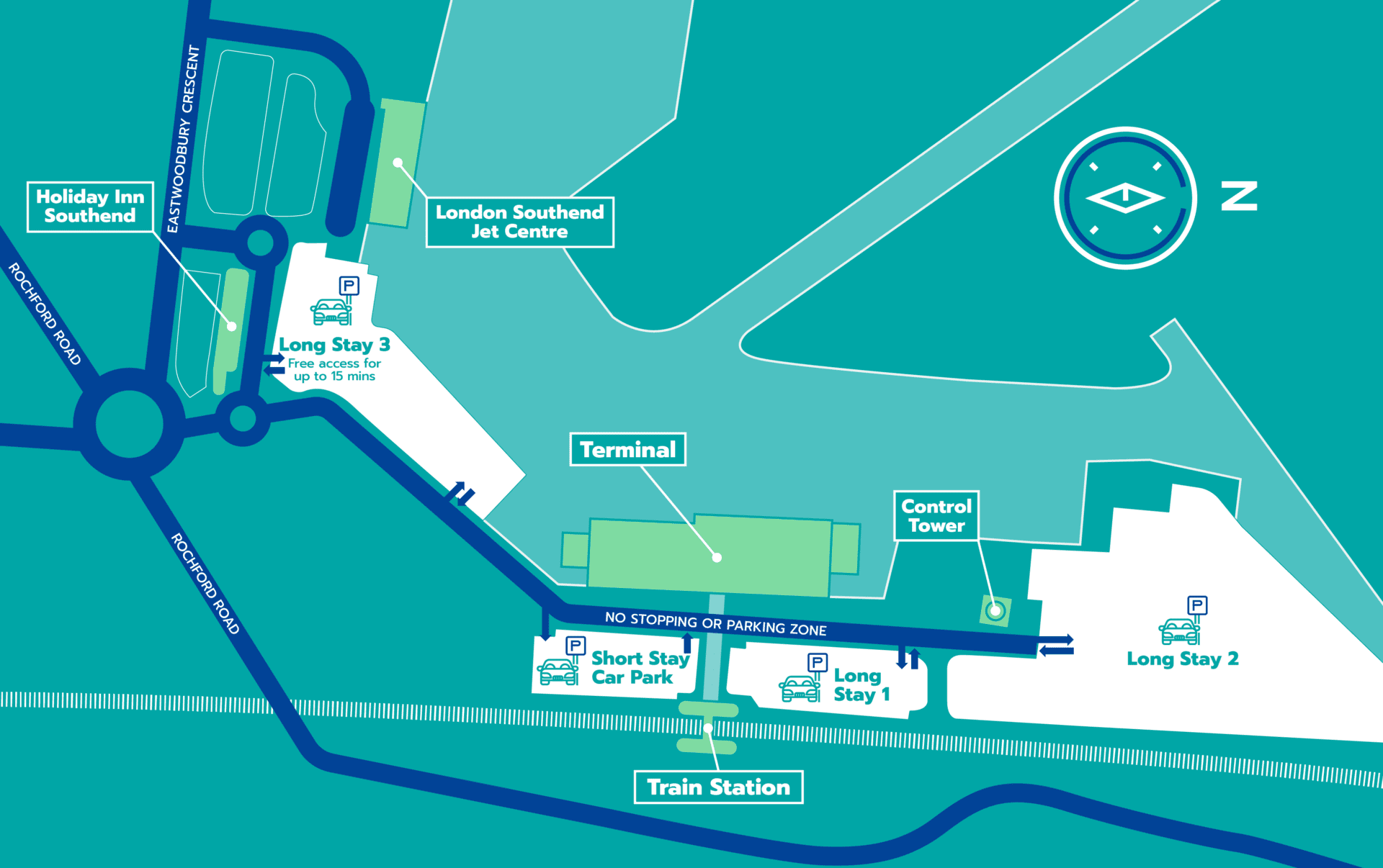 Book official onsite parking at London Southend Airport. A map of all car parks, including Short Stay, Long Say 1, Long Stay 2 and Long Stay 3.