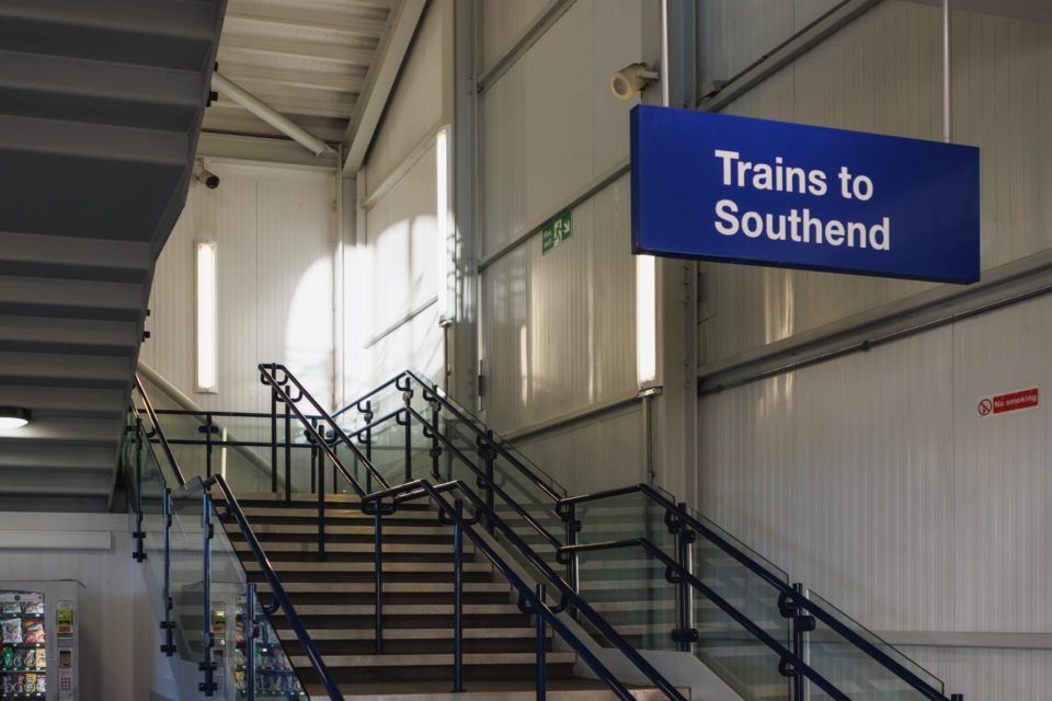Sign for Trains to Southend at Southend Airport Station