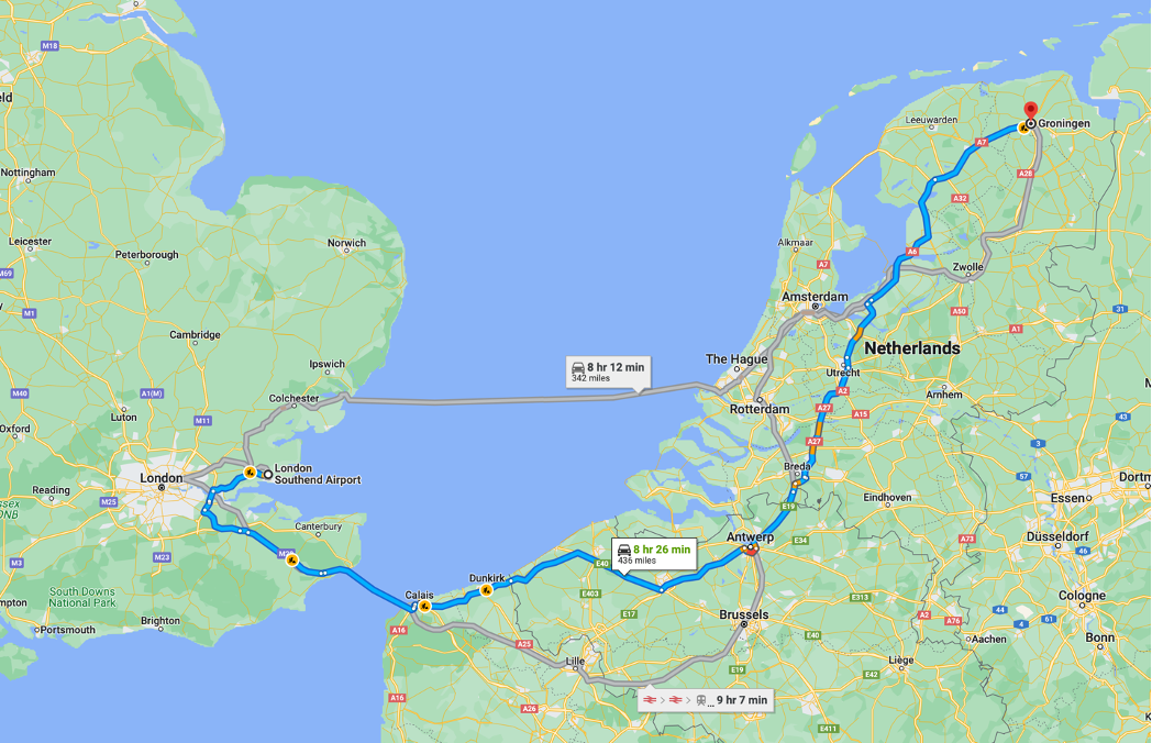 Map of the distance between London Southend and Groningen, which, via public transport, is 703km.